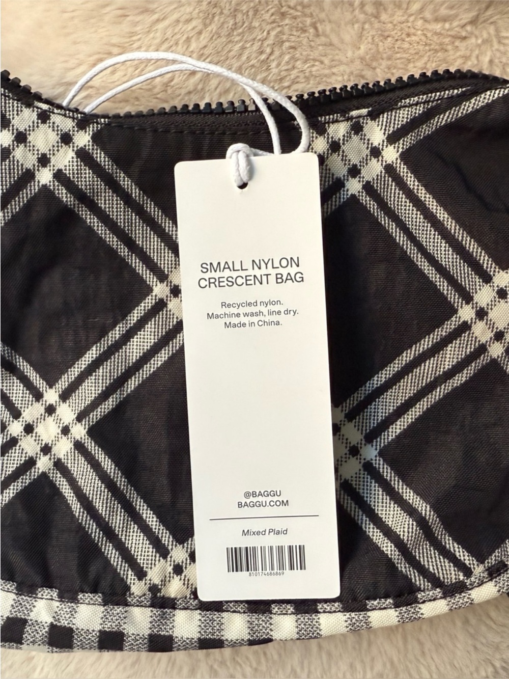 BAGGU Mixed Plaid Crescent Bag - Black & White